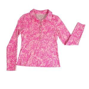Lilly Pulitzer Small Reema Long Sleeve Polo Shirt Pink Bloom Foxy Llama